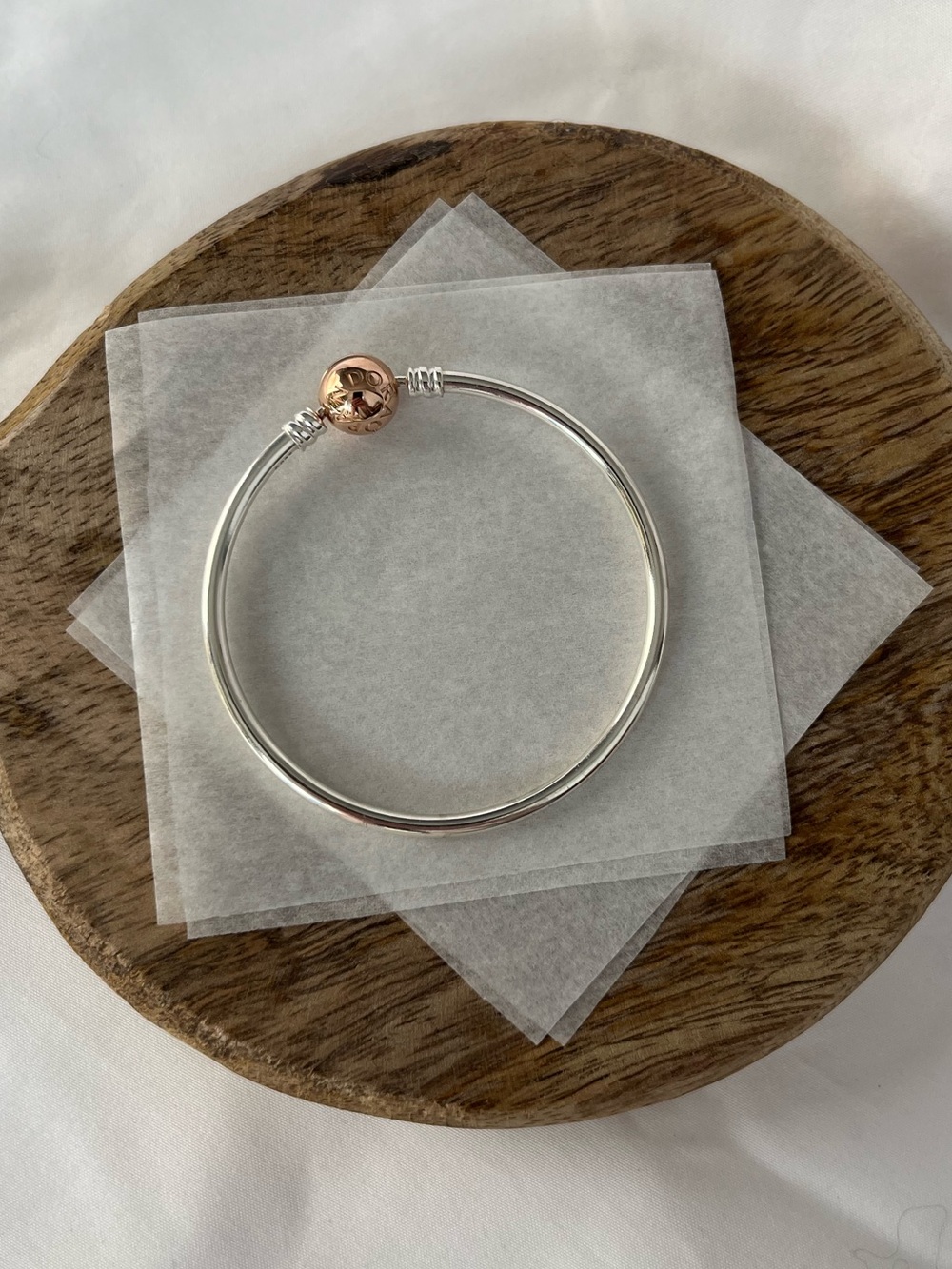 Pandora Sterling Silver Bangle with Rose Gold Clasp